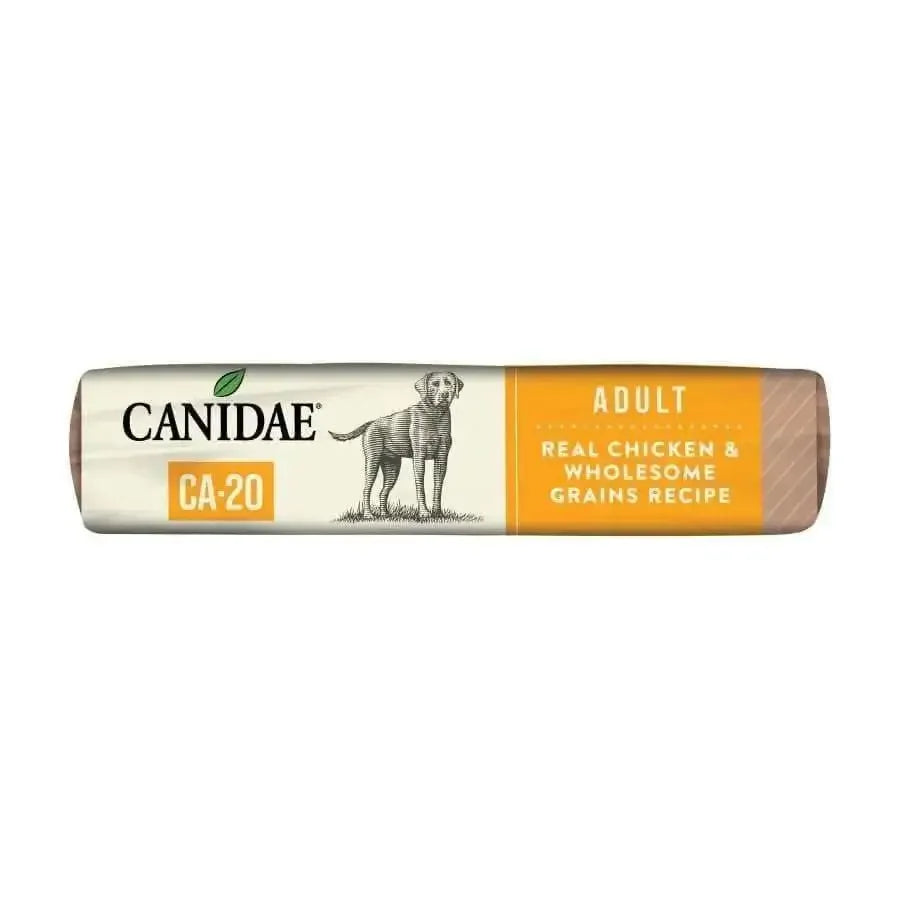 A bag of CANIDAE CA-20 Real Chicken Recipe with Wholesome Grains Dry Dog Food features a white and orange label with a dog illustration and the text Real Chicken & Wholesome Grains Recipe.