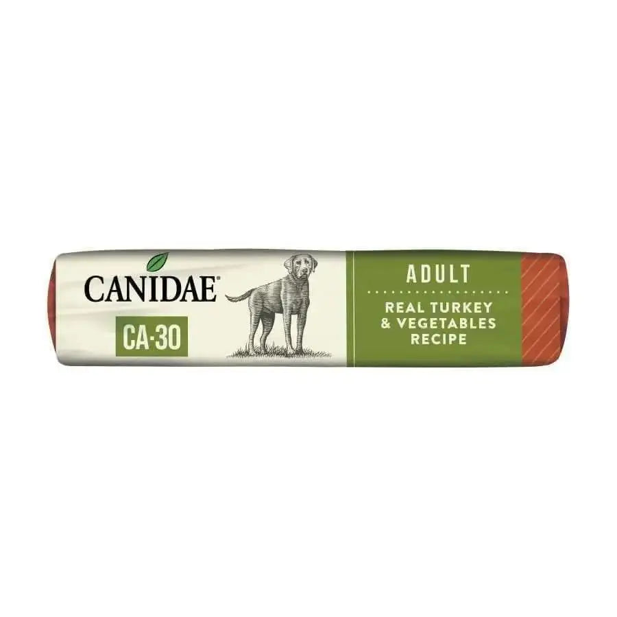A bag of CANIDAE CA-30 Real Turkey, Peas & Carrots Recipe Dry Dog Food, featuring green and white packaging with a dog illustration.
