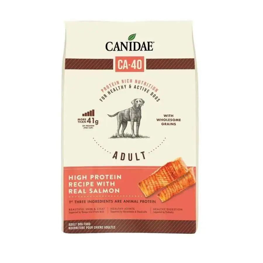 CANIDAE CA-40 High Protein with Real Salmon Recipe Dry Dog Food offers protein-rich nutrition with real salmon and wholesome grains for active dogs. The packaging features salmon pieces and a dog silhouette.