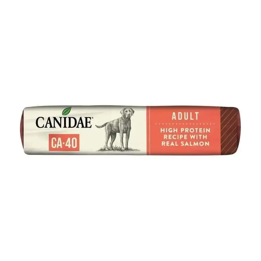A package of CANIDAE CA-40 High Protein with Real Salmon Recipe Dry Dog Food, featuring a dog illustration and branded CANIDAE, displayed on a red and cream background.