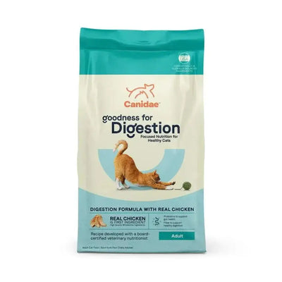A bag of CANIDAE Goodness for Digestion Formula with Real Chicken Dry Cat Food features an orange cat stretching on the front and is made with high-quality ingredients to support healthy adult cats digestive health.
