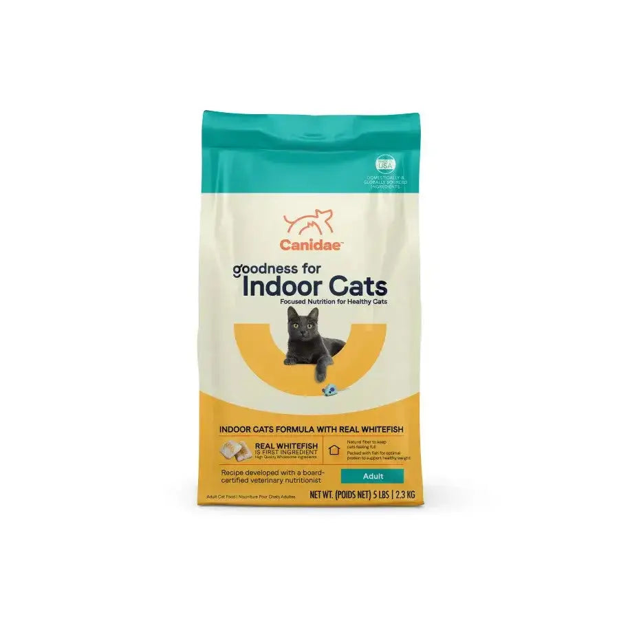 A 5 lb (2.25 kg) bag of CANIDAE Goodness for Indoor Cats Formula with Real Whitefish Dry Cat Food, featuring a gray cat, highlights high-quality ingredients and focused nutrition for healthy adult cats.