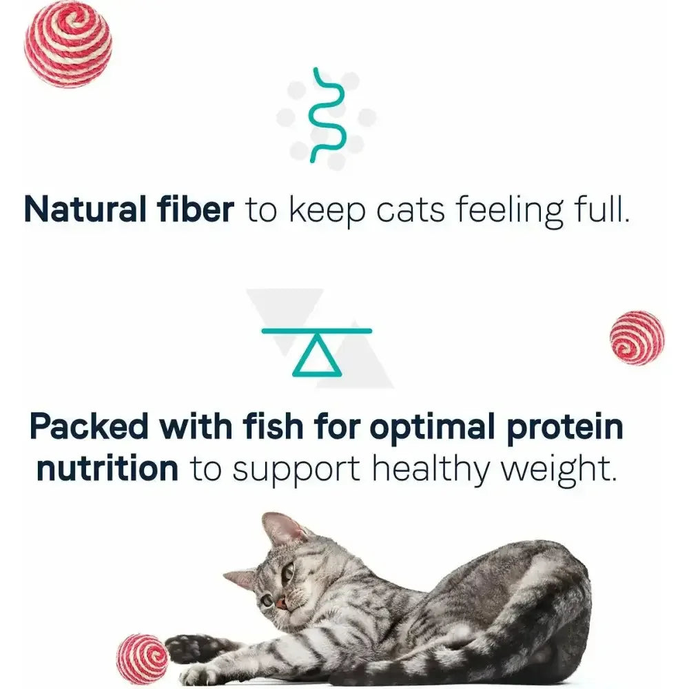 A gray tabby cat lies beside red toy balls. Text: CANIDAE Goodness for Indoor Cats Formula with Real Whitefish offers quality ingredients and protein to help adult cats stay full and maintain healthy weight. Simple icons illustrate features.