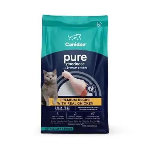 A bag of CANIDAE PURE Elements Formula with Chicken Limited Ingredient Dry Cat Food, grain-free and suitable for all life stages, featuring a gray cat and a raw chicken drumstick on the packaging.