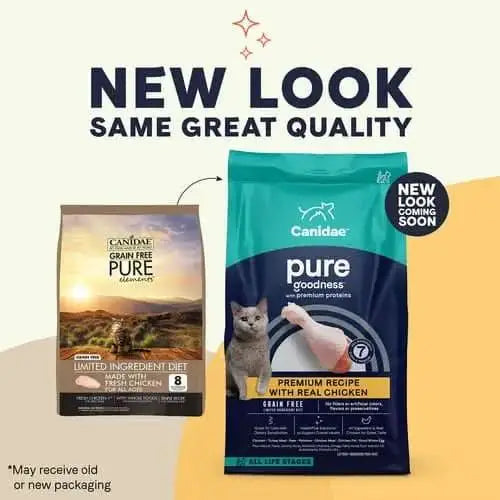 Two bags of CANIDAE PURE Elements Formula with Chicken Limited Ingredient Dry Cat Food are displayed: old packaging on the left, new look on the right. Text reads NEW LOOK SAME GREAT QUALITY and NEW LOOK COMING SOON.