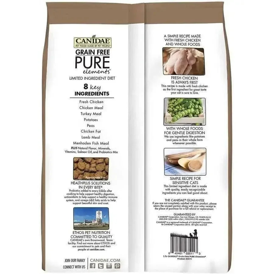 Back of a CANIDAE PURE Elements Formula with Chicken Limited Ingredient Dry Cat Food bag, featuring ingredients list, images of chicken, peas, and potatoes, plus text showcasing key features and nutritional benefits.