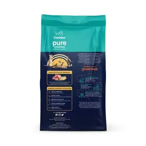 A teal and navy bag of CANIDAE PURE Elements Formula with Chicken Limited Ingredient Dry Cat Food features images of ingredients, highlights product benefits, and displays nutritional info on the back.