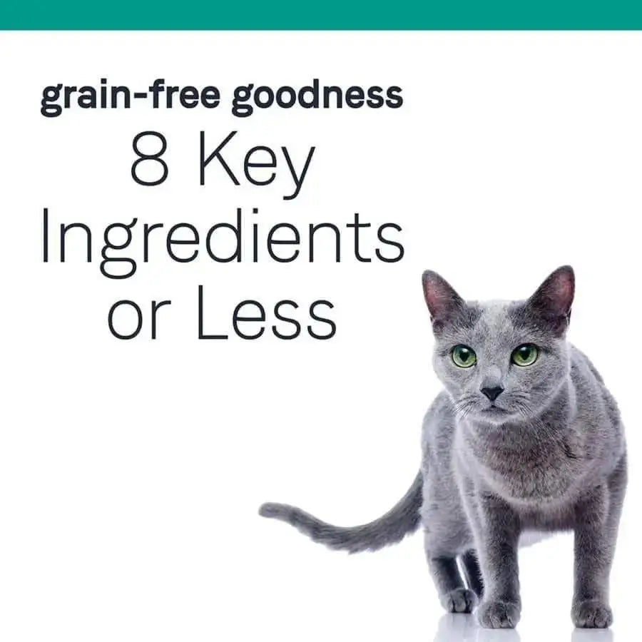 A gray cat stands on a white background next to text: “grain-free goodness. 8 Key Ingredients or Less.” CANIDAE PURE Elements Formula with Chicken is ideal for anyone seeking limited ingredient premium dry cat food.