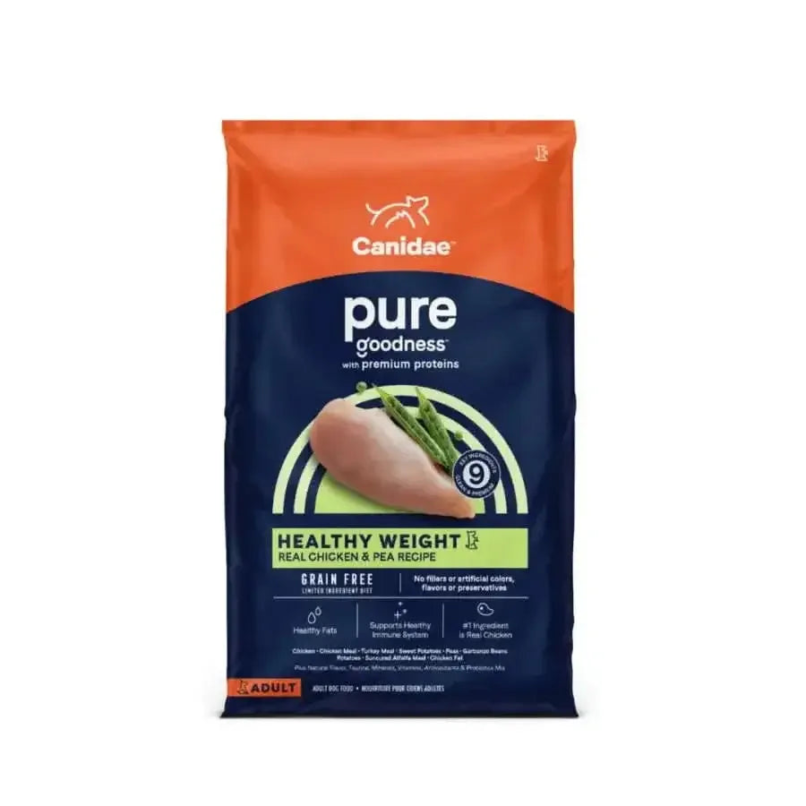 A bag of Canidae CPD PURE Grain-Free Healthy Weight Real Chicken & Pea Recipe Dry Dog Food, ideal for sensitive dogs. The orange and navy blue packaging highlights chicken breast and peas.