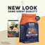 Two bags of CANIDAE PURE Grain-Free Real Bison, Lentil & Carrot Recipe Dry Dog Food are shown: old green/beige packaging on the left and new blue/orange on the right, both from CANIDAE.