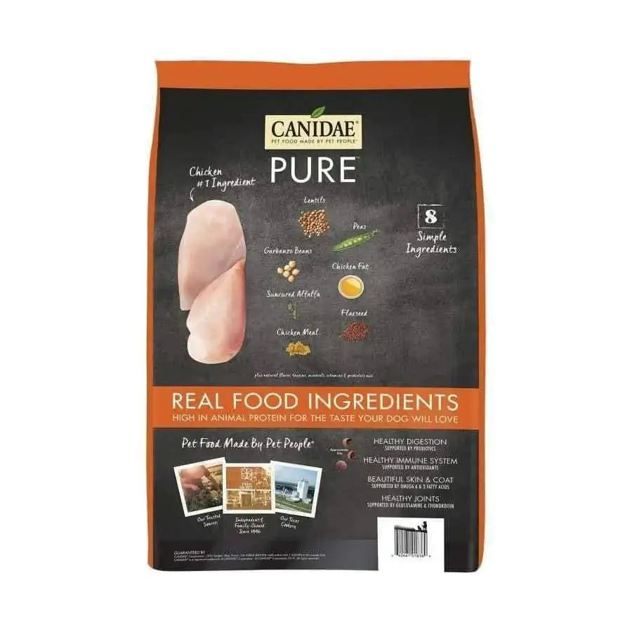 A bag of CANIDAE PURE Grain-Free Real Chicken, Lentil & Pea Recipe Dry Dog Food displays images of chicken, grains, and seeds, with text emphasizing real ingredients plus benefits like healthy digestion and immune support.