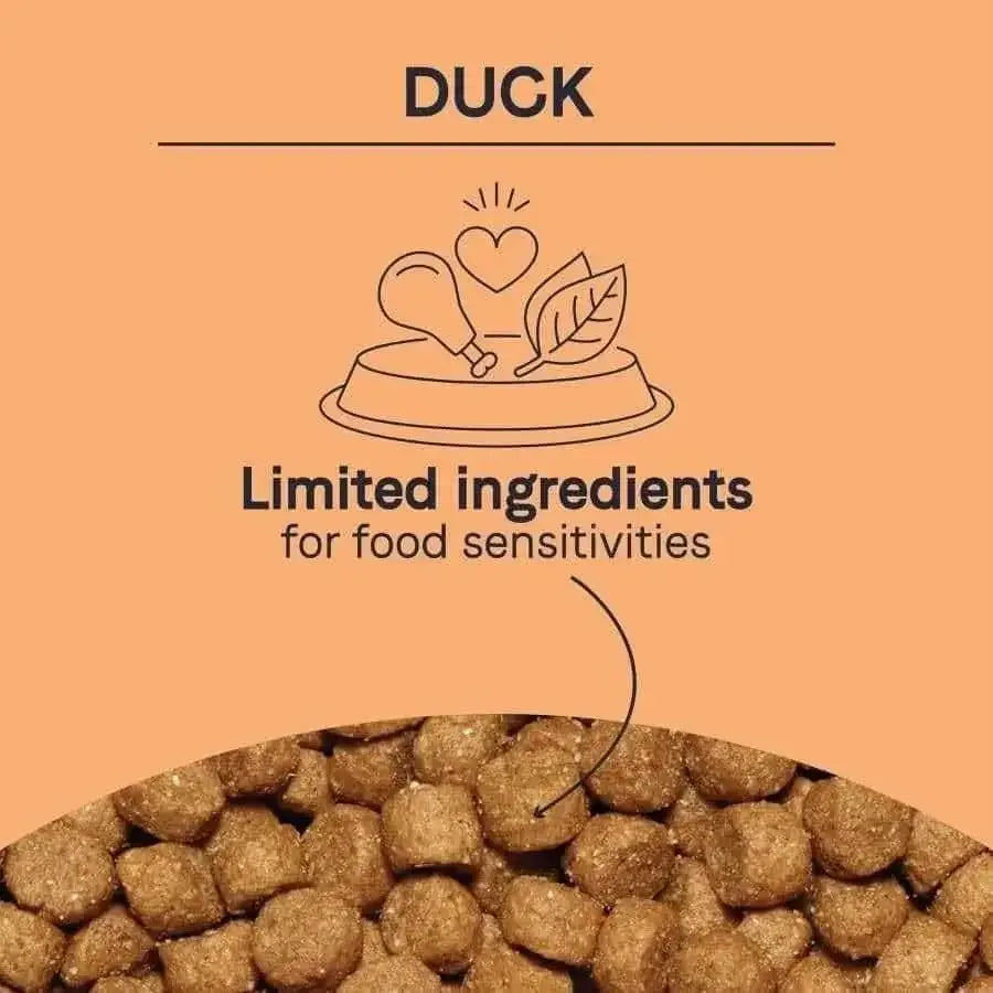 An illustration of a food bowl with a drumstick and leaf above “DUCK Limited ingredients for food sensitivities,” featuring CANIDAE PURE Grain-Free Real Duck & Sweet Potato dry dog food by CANIDAE with brown kibble in the background.