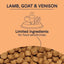 Illustration with “CANIDAE PURE Grain-Free Real Lamb, Goat & Venison Meals Recipe” above a food bowl icon and “Limited ingredients for food sensitivities” above brown kibble—ideal for dogs needing limited ingredient CANIDAE food.