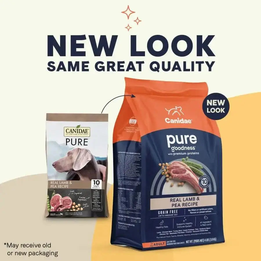 Two bags of CANIDAE PURE Grain-Free Real Lamb & Pea Recipe Dry Dog Food are shown: the old left bag with a dog photo, and the new right bag with a modern design. Text reads: New Look, Same Great Quality.