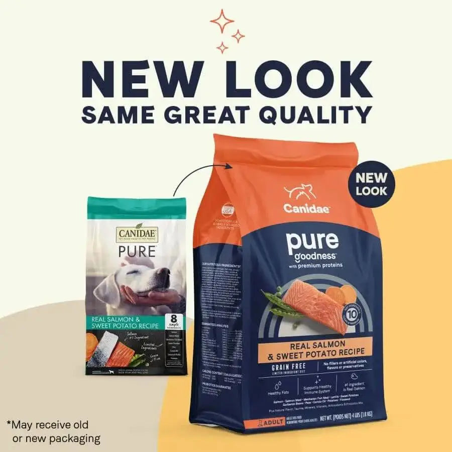 Two bags of CANIDAE PURE Grain-Free Real Salmon & Sweet Potato Recipe dry dog food are shown, with old packaging on the left and new on the right. Text: NEW LOOK, SAME GREAT QUALITY.