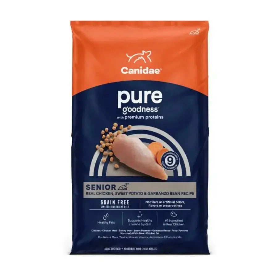 A bag of Canidae CPD CANIDAE PURE Grain-Free Senior Real Chicken, Sweet Potato & Garbanzo Bean Recipe Dry Dog Food features real chicken, grain-free ingredients, and comes in orange and blue packaging with images of chicken and beans.