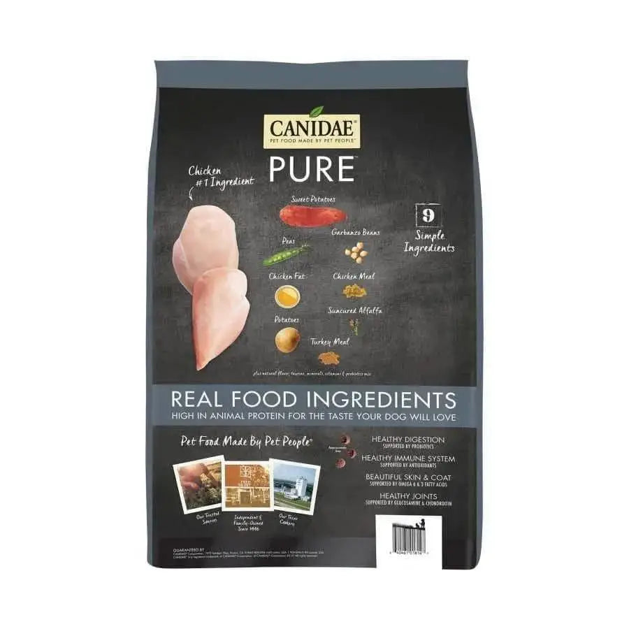 A bag of CANIDAE PURE Grain-Free Senior Real Chicken Sweet Potato & Garbanzo Bean Recipe Dry Dog Food, featuring images of chicken and sweet potatoes, with text highlighting its limited ingredient diet and senior dog health benefits.