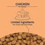 A CANIDAE PURE Grain-Free Senior Real Chicken Sweet Potato & Garbanzo Bean Recipe Dry Dog Food label shows CHICKEN For Seniors, food, hearts, leaves illustrations, and Limited ingredient diet for food sensitivities above the kibble.