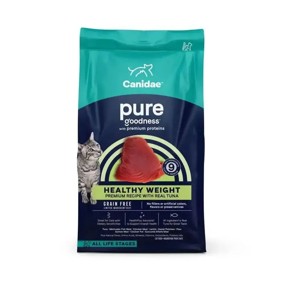 A teal and navy CANIDAE PURE Ocean Indoor Formula with Tuna bag, featuring a gray tabby and tuna, spotlights premium protein and a grain-free formula—ideal for sensitive cats needing limited ingredients.