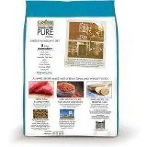 Back of a CANIDAE PURE Ocean Indoor Formula with Tuna bag, showing nutrition info, ingredients like tuna and limited ingredients, plus grain-free features for sensitive cats—all on a white background with teal trim.