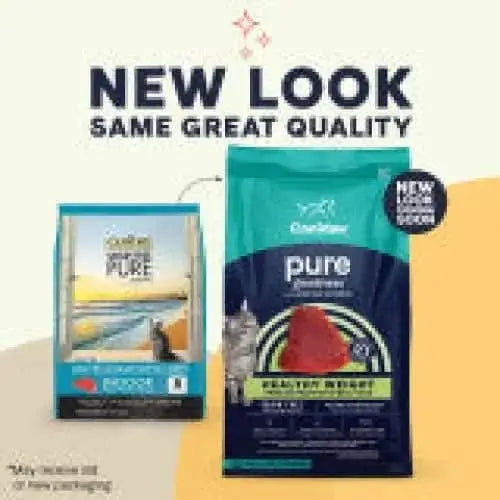 Two bags of CANIDAE PURE Ocean Indoor Formula with Tuna Limited Ingredient Dry Cat Food, one old and one new design, are shown side by side. Text above reads: NEW LOOK SAME GREAT QUALITY; a badge says: NEW LOOK SAME RECIPE—for sensitive cats.