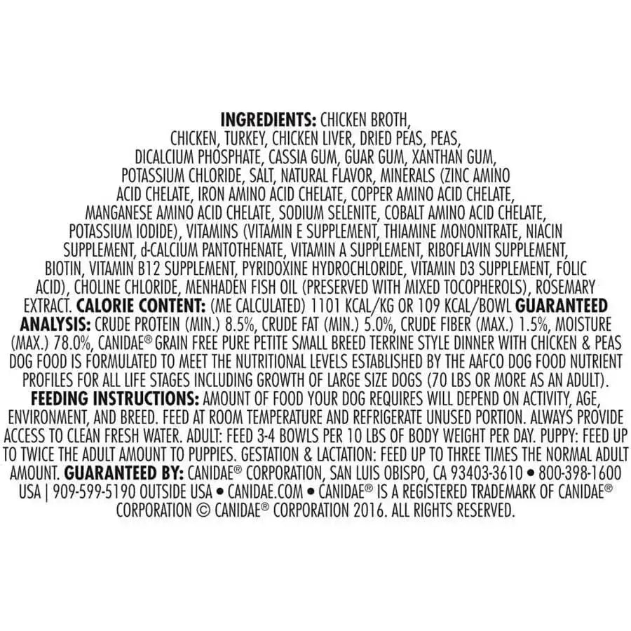 The CANIDAE PURE Petite Small Breed Grain-Free Wet Dog Food 12ea/3.5 oz lists chicken, turkey, peas, vitamins, and minerals as ingredients, with feeding instructions, guaranteed analysis, calories info, and CANIDAE contact details on the label.