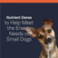 A small brown dog with large ears tilts its head next to the text: Nutrient Dense to Help Meet the Energy Needs of Small Dogs, highlighting CANIDAE PURE Petite Small Breed Grain-Free Wet Dog Food, on a dark blue background with an orange stripe.