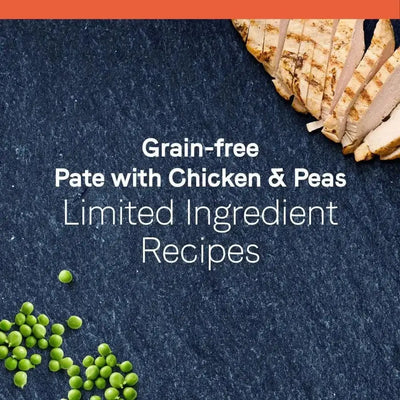 Sliced grilled chicken breast and green peas on a dark surface with text: CANIDAE PURE Petite Small Breed Grain-Free Wet Dog Food, limited ingredient recipe for small breed dogs. 12 trays of 3.5 oz each.