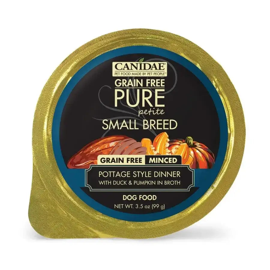CANIDAE PURE Petite Small Breed Grain-Free Wet Dog Food, 12-pack of 3.5 oz trays, features duck and pumpkin pottage in broth for small breeds. Gold container with label art of duck meat and pumpkin slices. Limited ingredient recipe by CANIDAE.