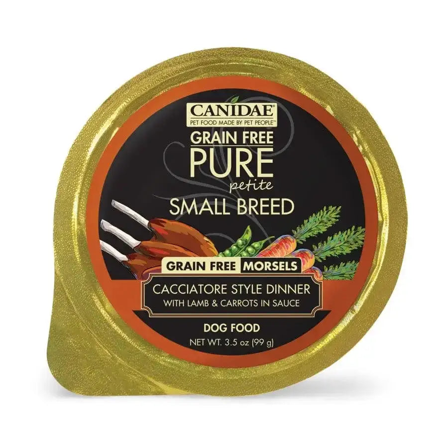 A round gold container of CANIDAE PURE Petite Small Breed Grain-Free Wet Dog Food, 3.5 oz, features images of lamb and vegetables on the packaging and is labeled Cacciatore Style Dinner with Lamb & Carrots in Sauce.