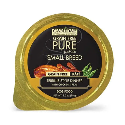 CANIDAE PURE Petite Small Breed Grain-Free Wet Dog Food comes in 3.5 oz gold-lidded containers, terrine style with chicken and peas, featuring a black label with ingredient images. Pack includes 12 single-serve trays.