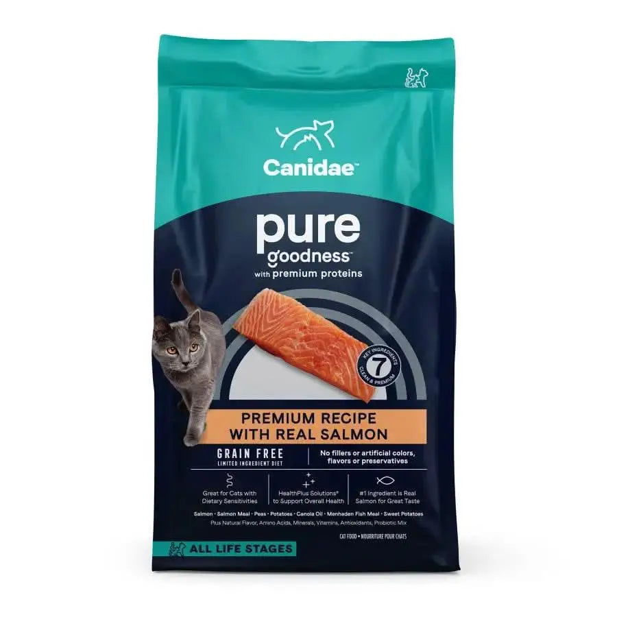 A teal and dark blue bag of CANIDAE PURE Sea Formula with Salmon Limited Ingredient Dry Cat Food, featuring a gray cat and salmon. Label highlights grain free, real salmon, and suitability for sensitive cats of all life stages.