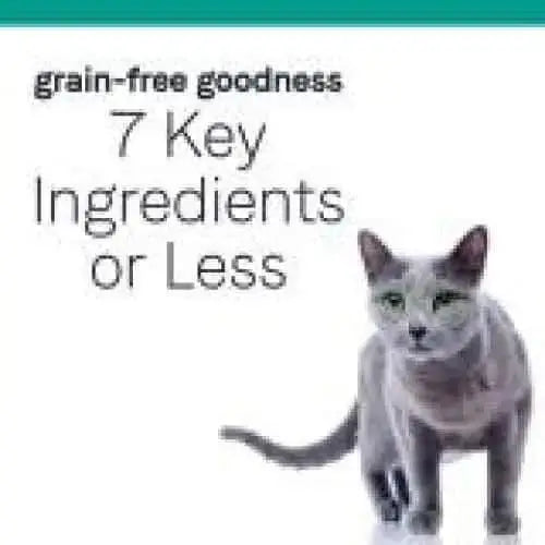 A gray cat stands on a white background next to text stating CANIDAE PURE Sea Formula with Salmon is a grain-free, limited ingredient dry cat food—perfect for sensitive cats, with 7 key ingredients or less.