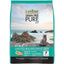 A teal and beige bag of CANIDAE PURE Sea Formula with Salmon Limited Ingredient Dry Cat Food rests on a rocky beach, emphasizing fresh salmon. Ideal for cats of all ages, it offers grain-free nutrition for sensitive felines.