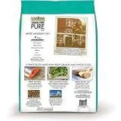 A bag of CANIDAE PURE Sea Formula with Salmon cat food, featuring a turquoise top, brand logo, and images of salmon, peas, and sweet potatoes—ideal for homes choosing grain-free options for sensitive cats.