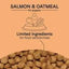 The label reads CANIDAE PURE with Wholesome Grains Puppy Real Salmon & Oatmeal Recipe, featuring a food and heart icon. It highlights limited ingredient dog food for sensitivities, with close-up kibble on an orange background.
