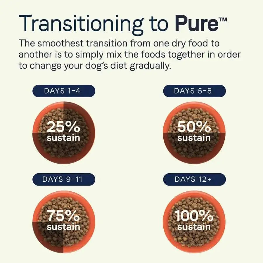 Infographic “Transitioning to CANIDAE PURE” shows a dog bowl with more CANIDAE PURE with Wholesome Grains Real Beef & Barley Recipe: Days 1–4: 25%, Days 5–8: 50%, Days 9–11: 75%, Days 12+: 100% new dry food.