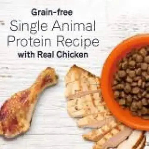 A chicken drumstick and sliced chicken breast are next to an orange bowl of CANIDAE Under The Sun Grain-Free Chicken Recipe Dry Dog Food. Text reads: Grain-free single animal protein with real chicken and farm-grown ingredients from CANIDAE.