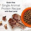 A bowl of brown kibble beside three lamb chops and lamb chunks on a white wooden surface. Text: CANIDAE Under The Sun Grain-Free Lamb Recipe Dry Dog Food, crafted with real lamb and farm-grown ingredients.