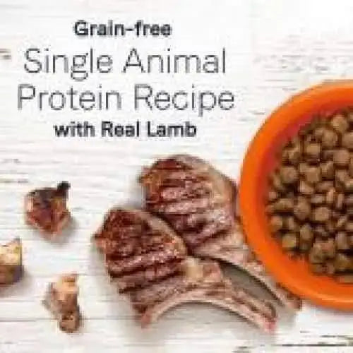 A bowl of brown kibble beside three lamb chops and lamb chunks on a white wooden surface. Text: CANIDAE Under The Sun Grain-Free Lamb Recipe Dry Dog Food, crafted with real lamb and farm-grown ingredients.