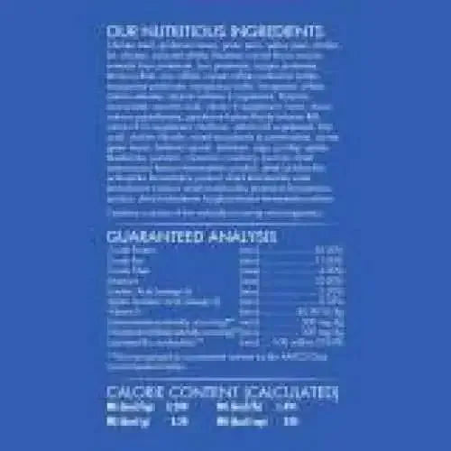A blue label with white text highlights CANIDAE Under The Sun Grain-Free Large Breed Chicken Recipe Dry Dog Food’s single animal protein ingredients. The label also lists a nutrient table and calorie info, but the text is mostly unreadable.