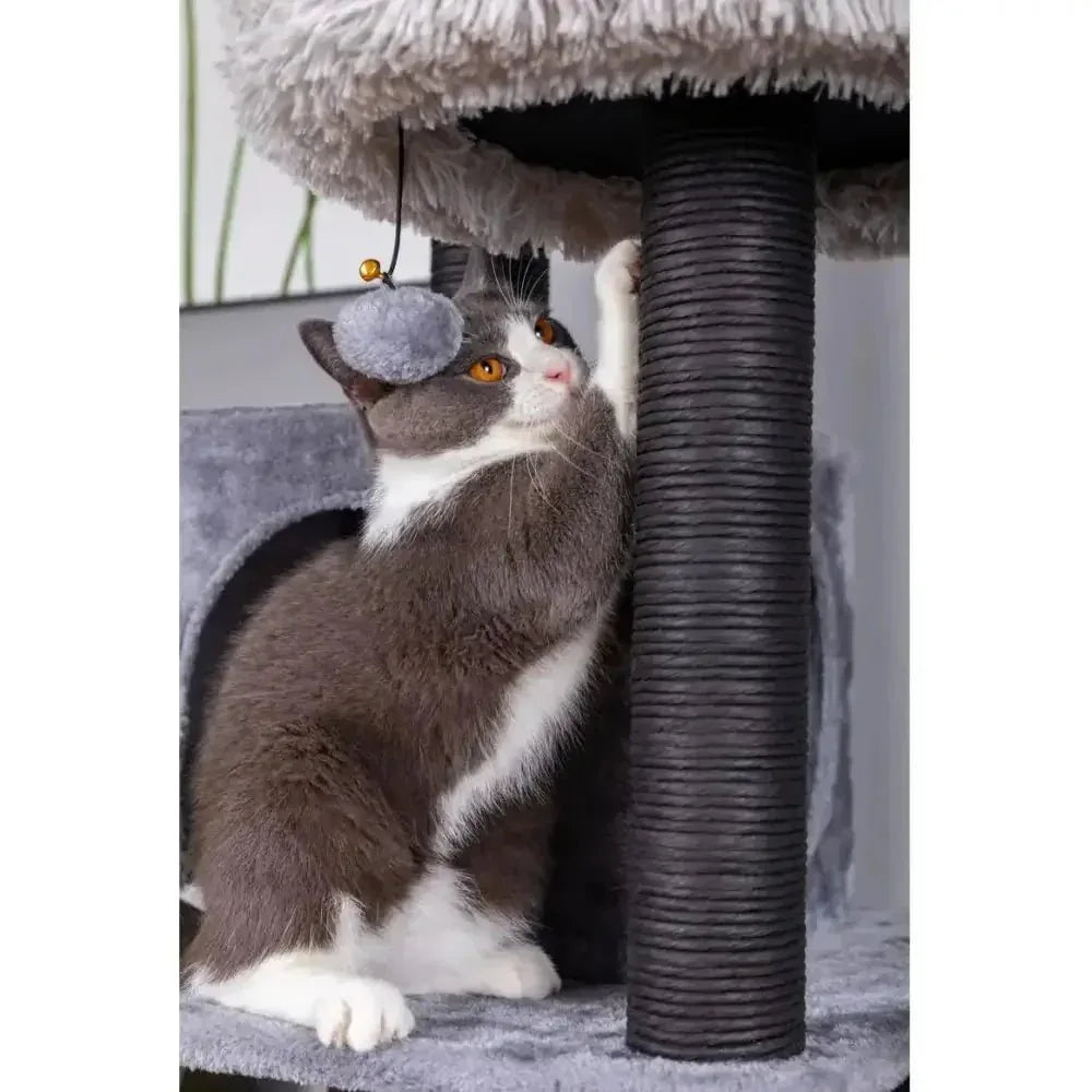 Catry Bradbury 7 Level Gray Cat Tree With Scratching Posts, Condo, Hammock and Two Shag Fur Cushions - Talis Us