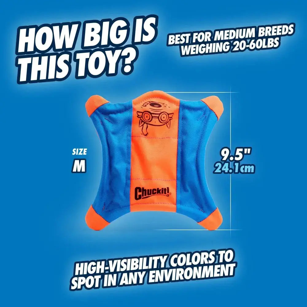 A 9.5 Chuckit!® Flying Squirrel Dog Toy in orange/blue from Chuckit!® is shown, ideal for medium breeds (20–60 lbs) and designed with high-visibility colors for easy spotting during play.