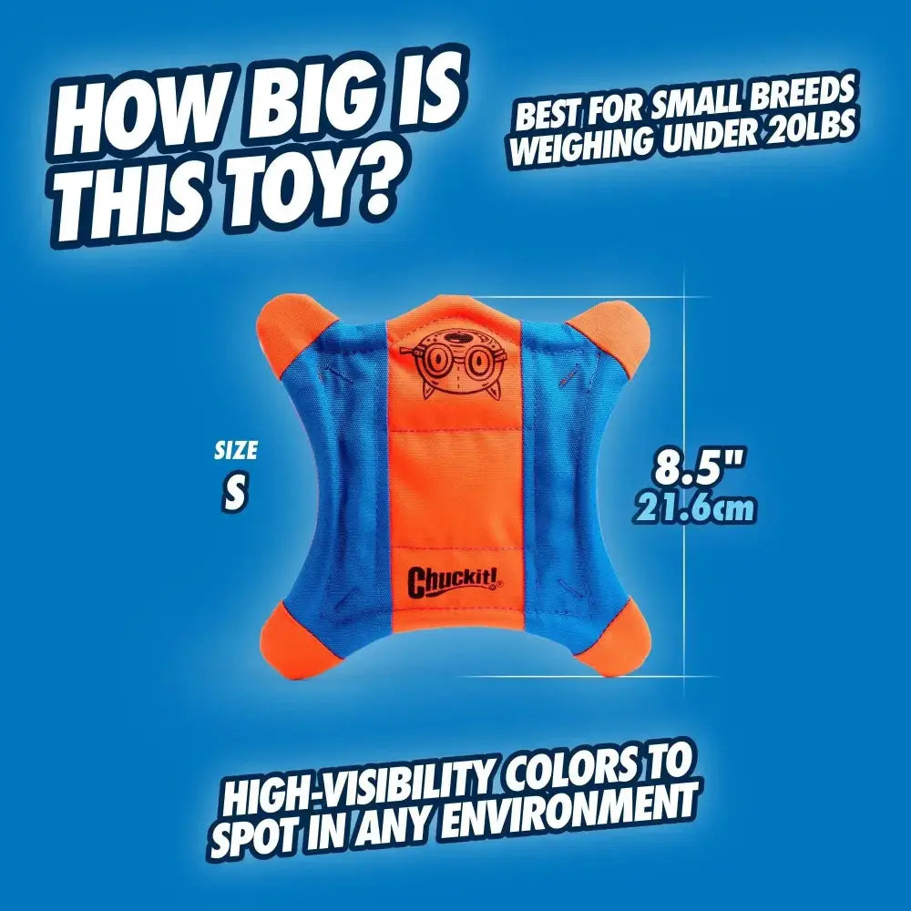 The Chuckit!® Flying Squirrel Dog Toy is a small, square fetch toy (8.5, orange/blue) by Chuckit!®, designed for dogs under 20 lbs with bright, high-visibility colors for energetic games of fetch.