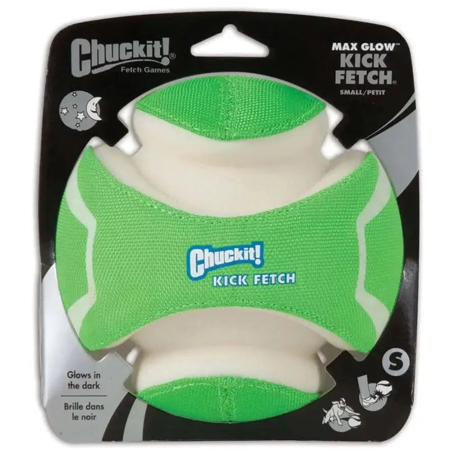 The Chuckit!® Kick Fetch Max Glow Dog Toy in glow green/white is a high-visibility, glow-in-the-dark ball for small dogs, ideal for interactive play and exciting fetch games. Comes in its packaging.