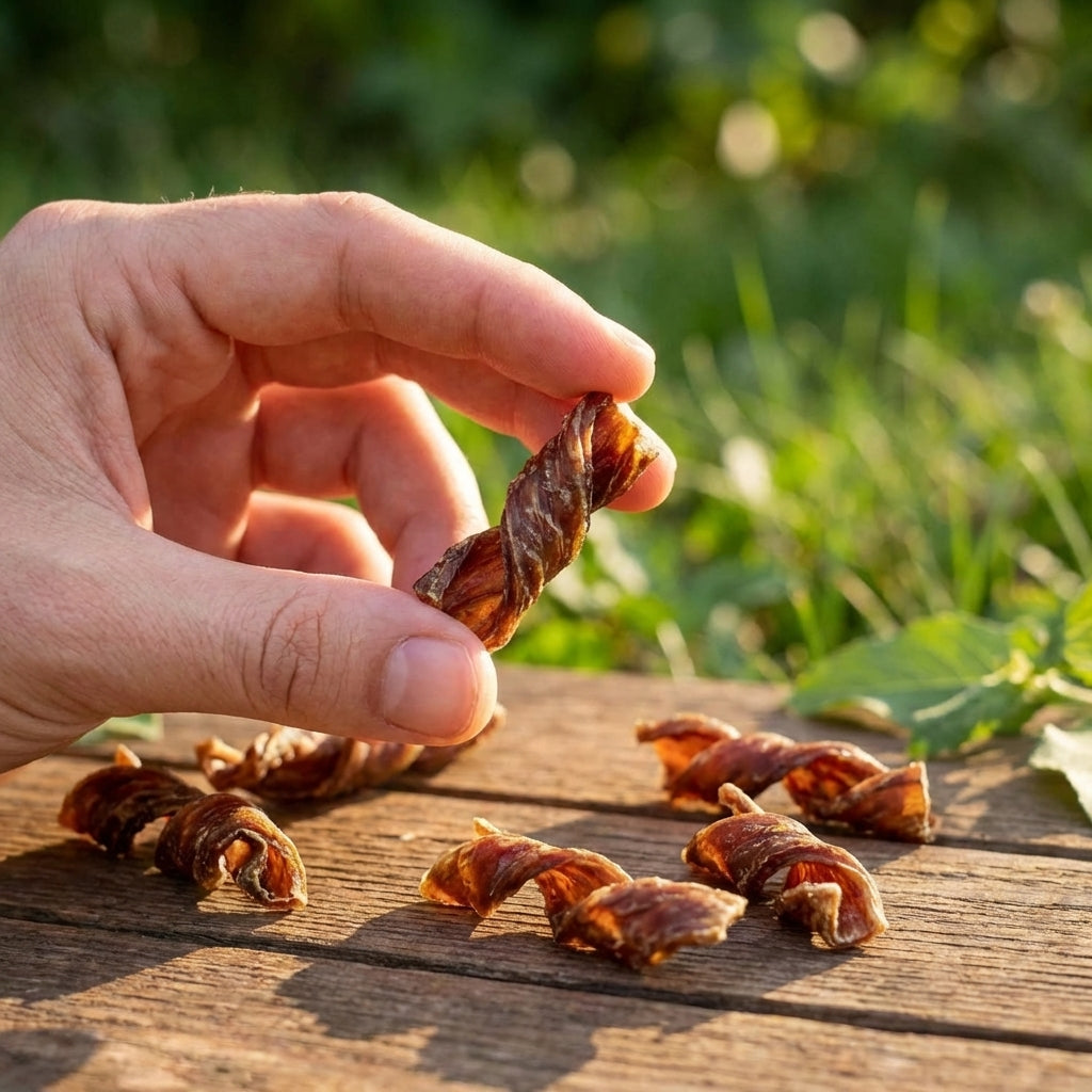 Close-up of a small pet-safe beef jerky spring treat for dogs, held by hand outdoors, showing detailed twists and texture.