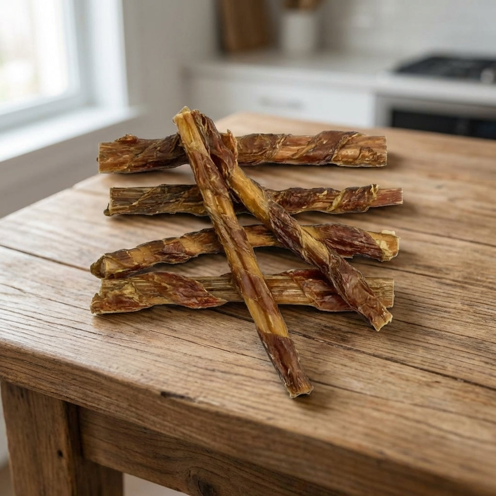 Close-up of a textured, natural beef-colored dog treat with micro-texture details, wrapped for dogs, in a minimal setting.