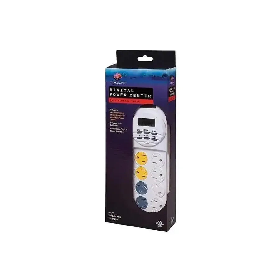 Coralife Digital Power Center box shows the white aquarium power strip with colored outlets and a digital timer on the front. The black packaging from Coralife highlights key features of this essential aquarium timer.