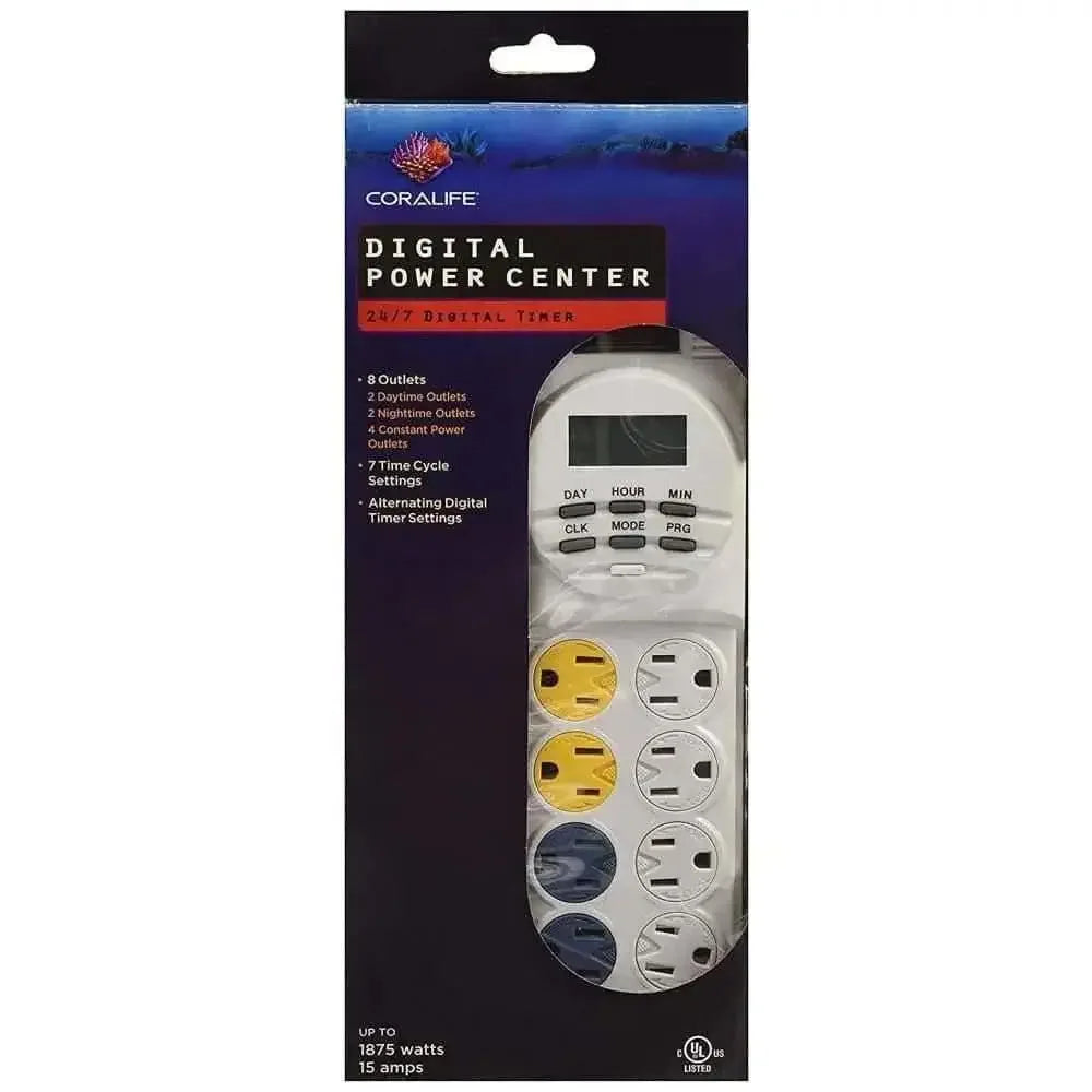 The Coralife Digital Power Center, by Coralife, features 8 outlets with 7 timing cycles for precise aquarium control. Its packaging highlights a digital timer display and labeled functions for easy operation.