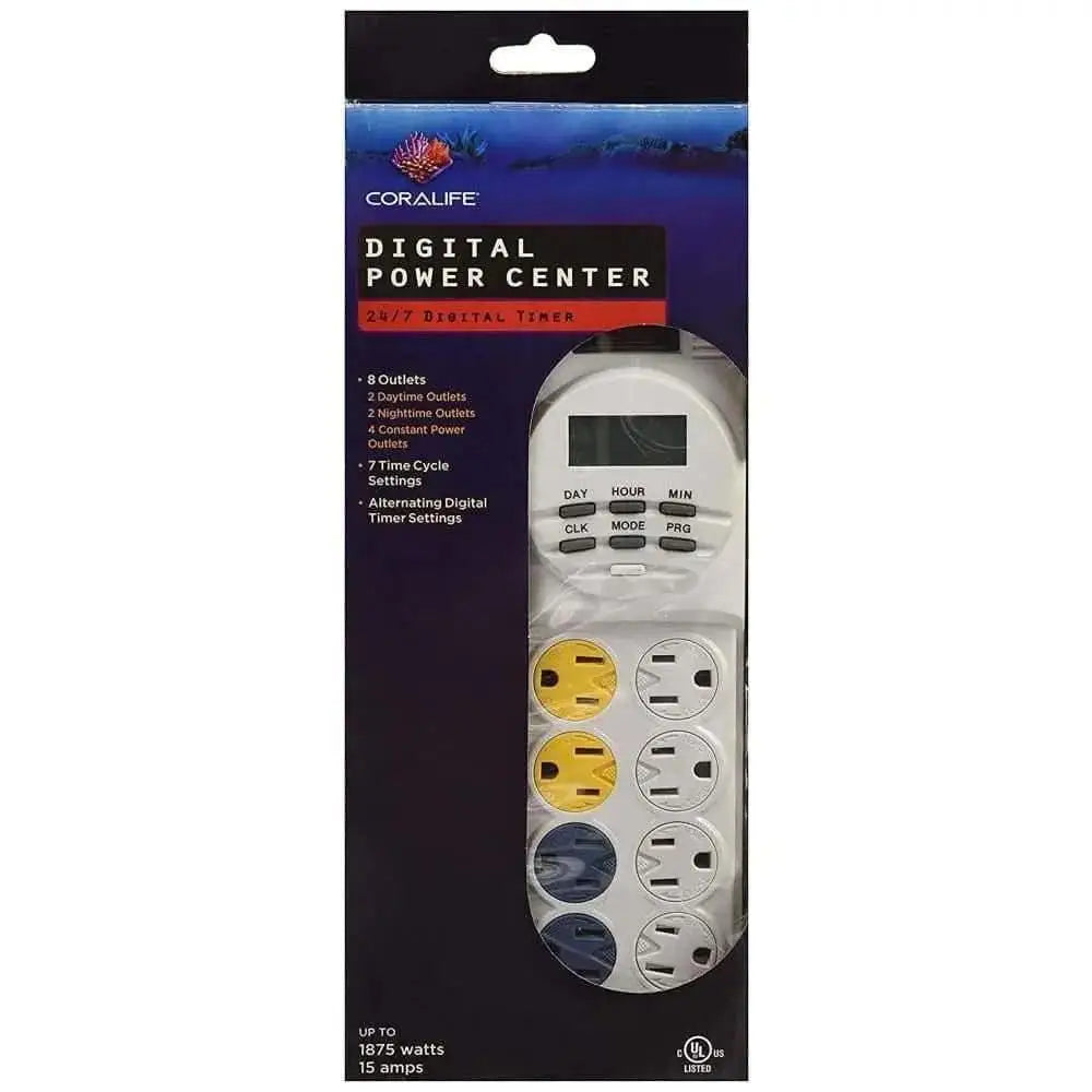 The Coralife Digital Power Center, by Coralife, features 8 outlets with 7 timing cycles for precise aquarium control. Its packaging highlights a digital timer display and labeled functions for easy operation.